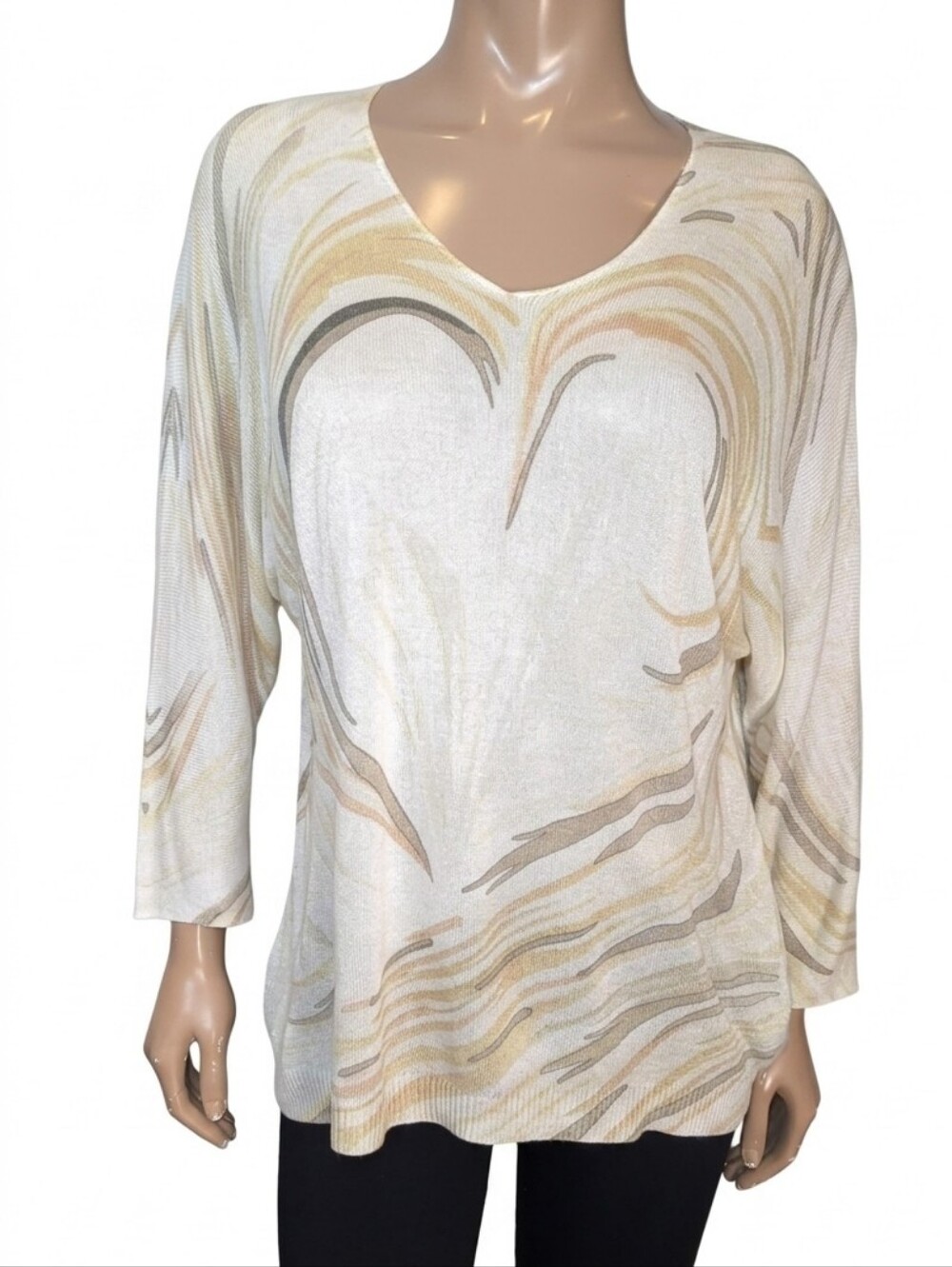 Charlie B Vneck Printed Knit Dolman Sweater Size Large Cappuccino Heart Swirl